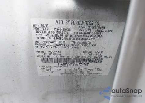 2009 Ford Taurus Limited z USA, uszkodzony, nr VIN 1FAHP25W29G124109